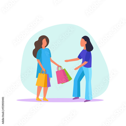 Two happy young women sharing colorful shopping bags, a vector concept of friendship and consumerism