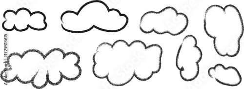 Black hand drawn cloud doodle set with sketchy outlines for creative design. Cartoon style bubble clouds perfect for notes, comics, and decoration. Unique handmade cloud shape collection.