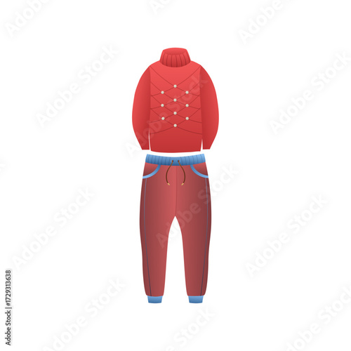 A stylish set of children's winter clothes with a warm red quilted sweater and joggers
