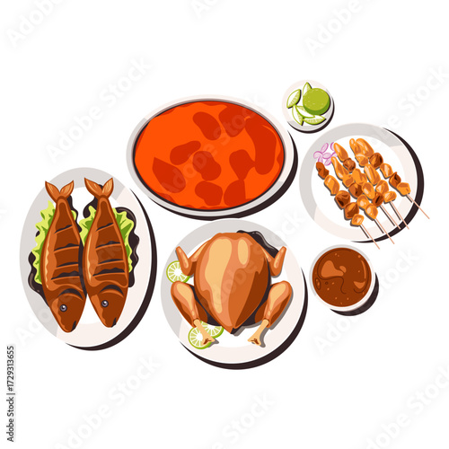 Culinary Delights A Flatlay of Delicious Roasted Chicken, Fish, and Skewers with Sauces