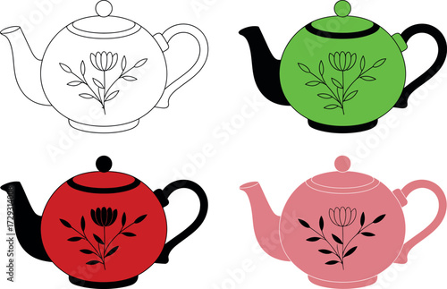 Teapot vector illustration set colorful teapots with floral art