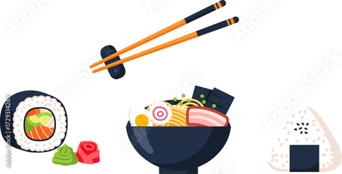 Asian cuisine illustration sushi ramen onigiri