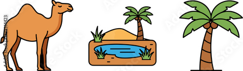 Camel palm tree and oasis illustration