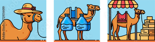 Camels carrying loads and goods