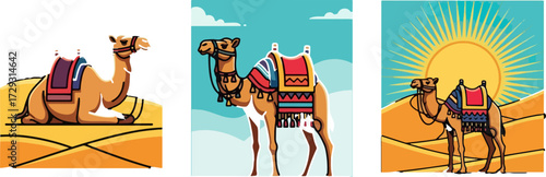 Cartoon camels in desert landscape