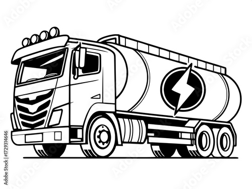 A futuristic electric tanker truck design, rendered as a clean silhouette in black and white, emphasizing geometric balance and a central energy symbol.