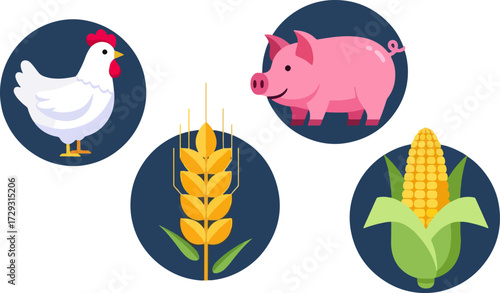 Farm animals and crops illustration