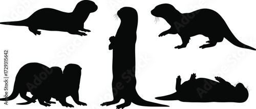Otter silhouette vector set with cute poses standing, swimming, laying and playing together, aquatic mammal wildlife illustration collection design