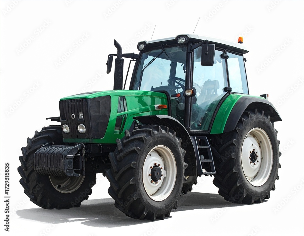 Fototapeta premium Modern Green Farm Tractor with Wide Tires Isolated on White Background