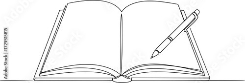 Opened book and pen in one continuous line drawing, Single continuous line drawing of notebook or notepad with a pencil above work desk. Writing business draft on office notes concept. 