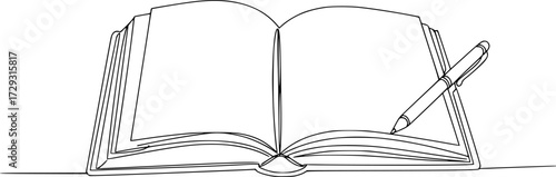 Opened book and pen in one continuous line drawing, Single continuous line drawing of notebook or notepad with a pencil above work desk. Writing business draft on office notes concept. 