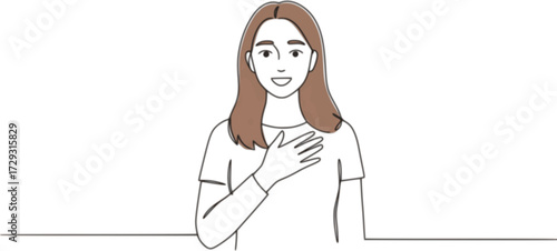 Single one line drawing young woman keeping hands on chest, Smiling friendly female expressing gratitude. Emotion, body language concept. Editablr outline.