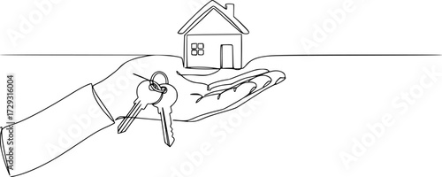 Drawing a continuous line of the house on the hand with the keys. Continuous One Line Drawing Real Estate Icons Concept, Single Line Vector Illustration.