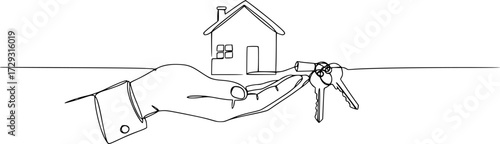 Drawing a continuous line of the house on the hand with the keys. Continuous One Line Drawing Real Estate Icons Concept, Single Line Vector Illustration.