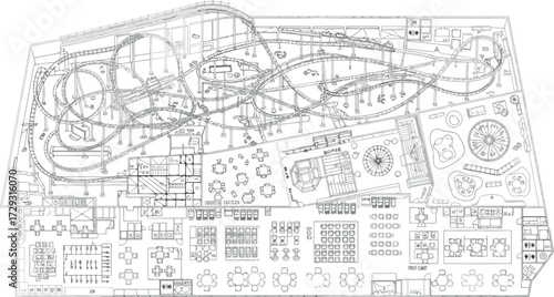 Vector art of topdown view of a complex amusement park layout plan with roller coaster tracks