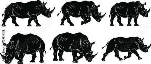 Silhouette vector illustration of rhinoceros in multiple poses including walking, grazing, and standing, African wildlife animal design isolated background