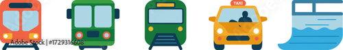 Diverse transportation methods illustration featuring train bus taxi subway and ship each in simple