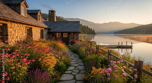Charming Lakeside Stone House with Vibrant Flower Garden at Sunrise.