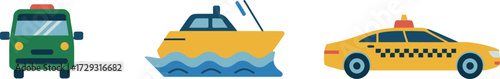 Transportation Icons Featuring Bus Boat and Taxi Vector Illustration 