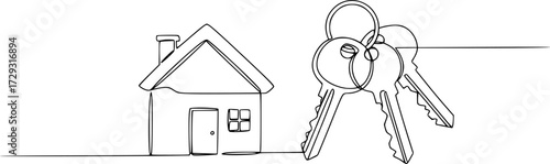 Continuous one line drawing of House and door keys vector illustration. Editable outline
