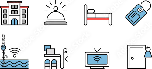 Hotel Amenities and Services Icon Set for Travel and Tourism Related Designs Featuring Accommodation