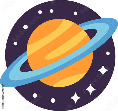 Cartoon Saturn planet with rings and star filled space background for education and children illustration