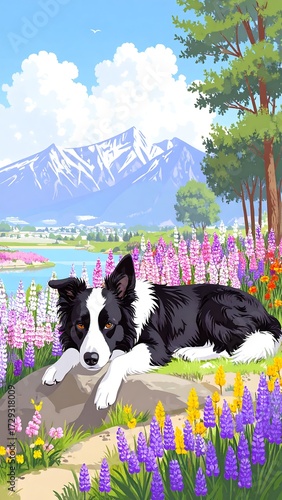 Fototapeta Naklejka Na Ścianę i Meble -  Border Collie resting in a meadow by a lake with mountains in the background
