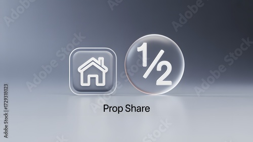 Abstract 3D rendering of a Prop Share concept with a house icon and a transparent pie chart showing a half-share fraction.
