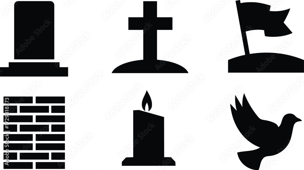 Collection of Memorial and Remembrance Symbols in Minimalist Black and White Style