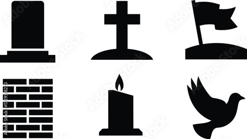 Collection of Memorial and Remembrance Symbols in Minimalist Black and White Style