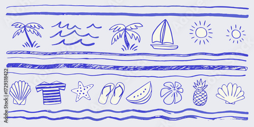 Hand drawn blue ink summer beach vacation icons and waves on light blue background