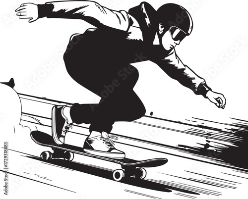Dynamic skater performs trick grinding on rail street style action shot artistic line drawing