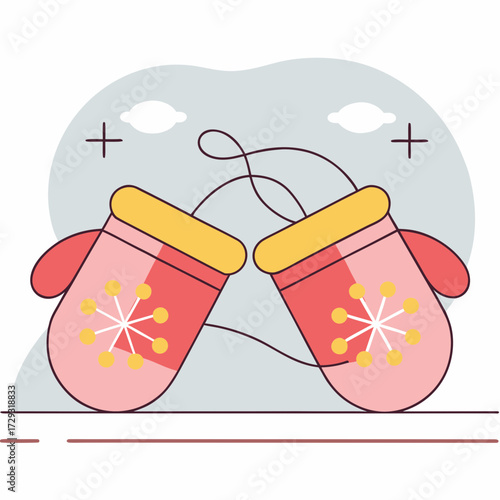 Colorful winter mittens connected by a string on a light background  