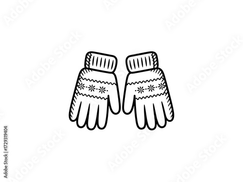 Black and white line drawing of a pair of cozy knitted winter gloves handwear vector