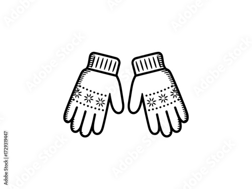 Simple line drawing of cozy winter mittens with striped cuffs and snowflake designs vector