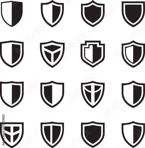 Collection of shield emblems representing security protection and heraldry symbols in a grid layout