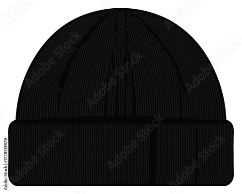 Solid black ribbed knit beanie hat for winter warmth and style vector