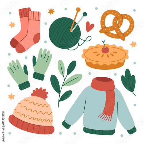 Cozy autumn elements gathering warm clothing food and knitting supplies for fall vector