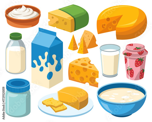 Assortment of dairy products and milk cartoon style flat illustration vector