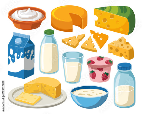 Abundant dairy products collection featuring cheese milk yogurt and cream in cartoon style vector