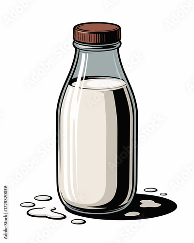 Glass milk bottle with brown cap and spilled drops detailed realistic rendering vector