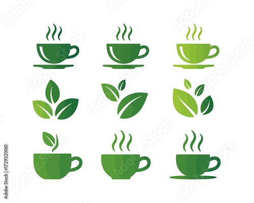 Minimalist green tea and coffee cup icons with leaves set for beverage branding and design vector