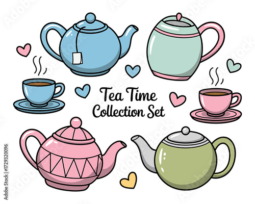 Charming tea time collection set featuring colorful teapots and cups for cozy moments vector