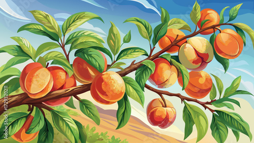 Peach tree branch with ripe fruits watercolor style illustration, showing fresh harvest orchard summer season bright sky background, glowing sunlight, seasonal abundance, and vivid impression of 