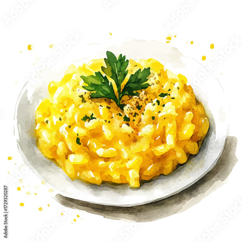 Risotto Alla Milanese, watercolor clipart vector, isolated on a white background.