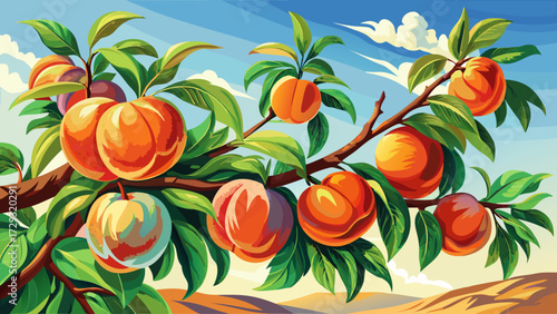 very beautiful Peach Tree Branch with Ripe Fruits Watercolor Style Illustration Fresh Harvest Orchard Summer Season Bright Sky Background