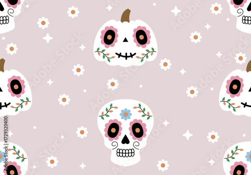 Seamless pattern with Mexican skull and pumpkin. Calavera skulls, Sugar skulls for Mexican Day of the Dead, Day of the dead illustration with traditional Mexican skulls decoration