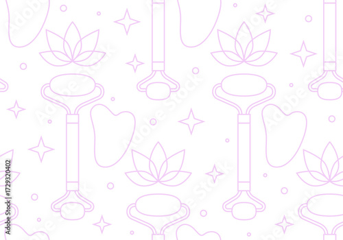 Seamless pattern with gua sha and face roller. Skincare seamless pattern. Vector illustration
