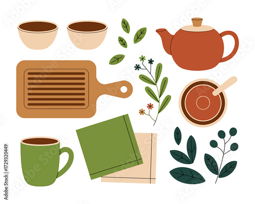 Flat lay arrangement of tea coffee cups teapot cutting board leaves and other breakfast items vector