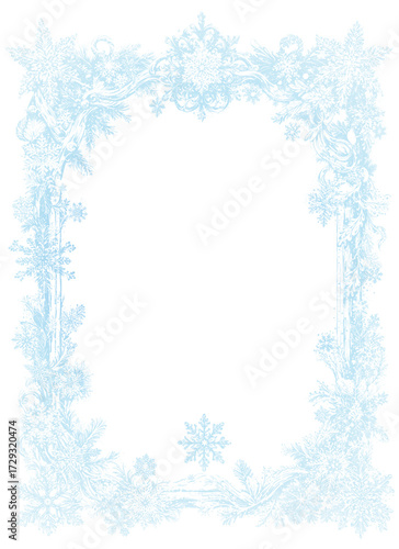 Elegant frosty frame with snowflakes, pine branches, and winter ornaments in soft blue tones. Perfect for Christmas invitations, New Year greeting cards, holiday posters, winter certificate